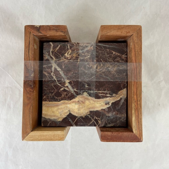 Thirstystone Set Of 4 Cherry Marble Coasters With Wood Holder 4x4 Square NEW - Picture 2 of 13